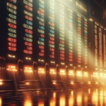 An old style stock market ticker board with dramatic lighting.