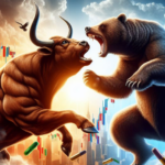 A bull and a bear fighting as stock charts loom in the background. Symbolic of a trend change.