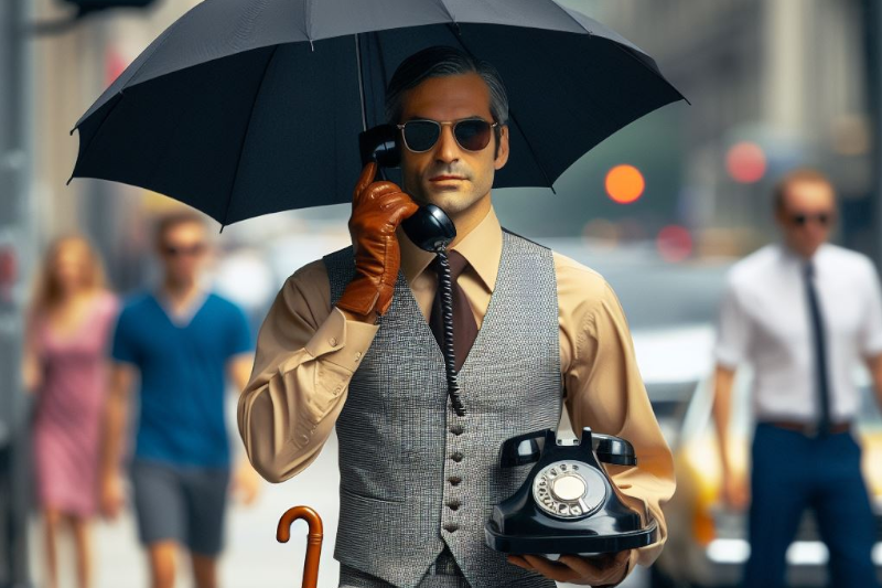 A man in a 1970s outfit walking down the street, making a call on an old style rotary phone while holding an umbrella overhead.