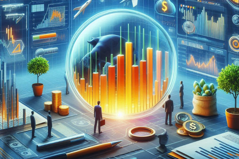 A crystal ball with a stock chart in it sits in the center of a room as a few small people in suits look at it. Around the edges of the room are other charts and financial symbols, symbolic of creating income from stocks.
