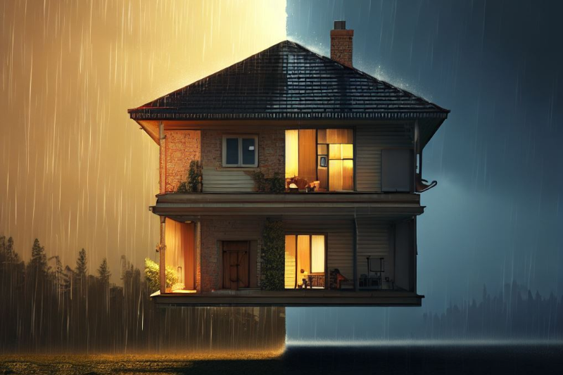 A house split in 2 with rain falling on one half and sun shining on the other half.