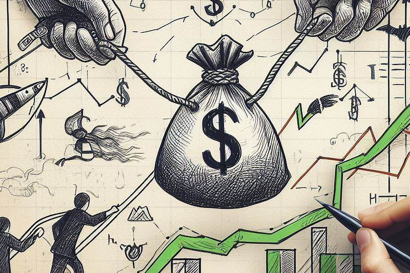 A hand-drawn representation of pulling income from the stock market. Large hands pulling strings on a money bag while smaller people pull a rope attached to the same money bag. This is all taking place on a hand-drawn bullish stock chart.