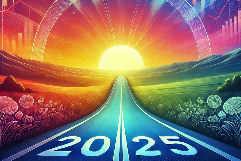 A vibrant, colorful illustration of a road leading into a horizon under a glowing sunrise. The surface of the road is labelled 2025.