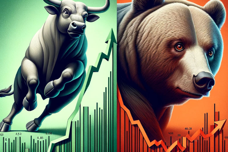 A bull on the left side of the image with a green background and bullish stock chart. A bear on the right side of the image with red background and bearish stock chart.