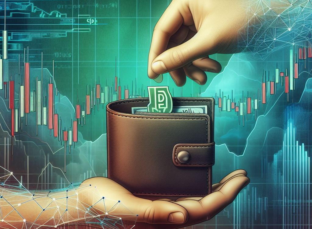 A hand holding a wallet as another hand depisits cash into it. Stock charts in the background.