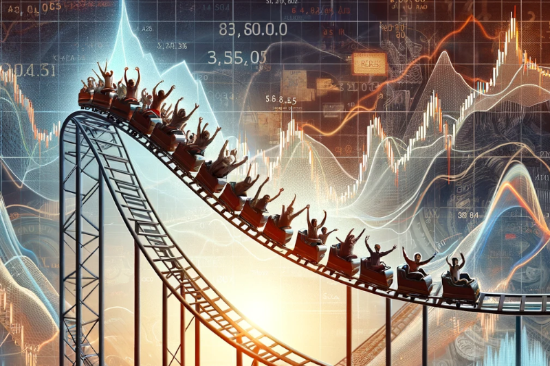 Visualizing the concept of stock market volatility by showing a rollercoaster with people that have their arms up, while a volatile stock chart is superimposed in the background.
