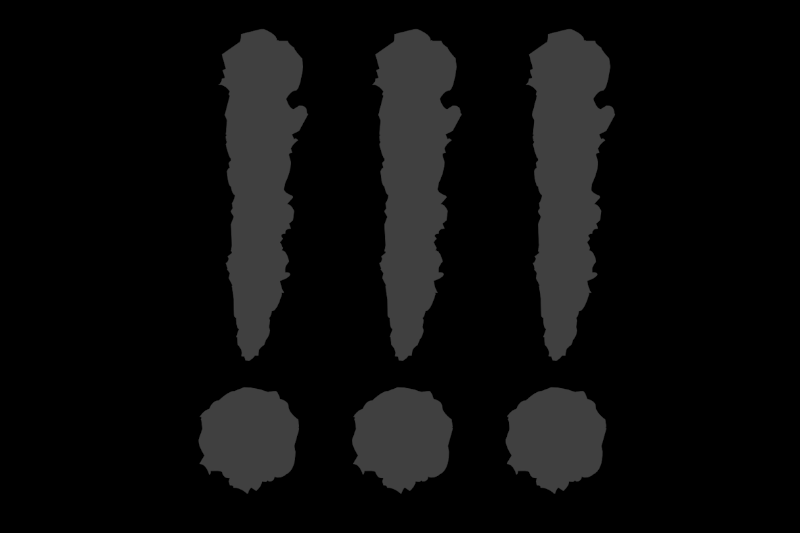 Three grey, tattered exclamation marks on a black background, indicating CAUTION!