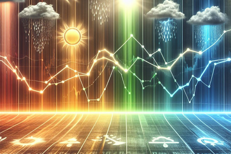 A stock chart with different kinds of weather displayed around it like sunny, rainy, storm clouds, dry, etc. Symbolic of "all-weather trading"