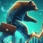 A bear with a suitcase walking on an uptrending stock chart.