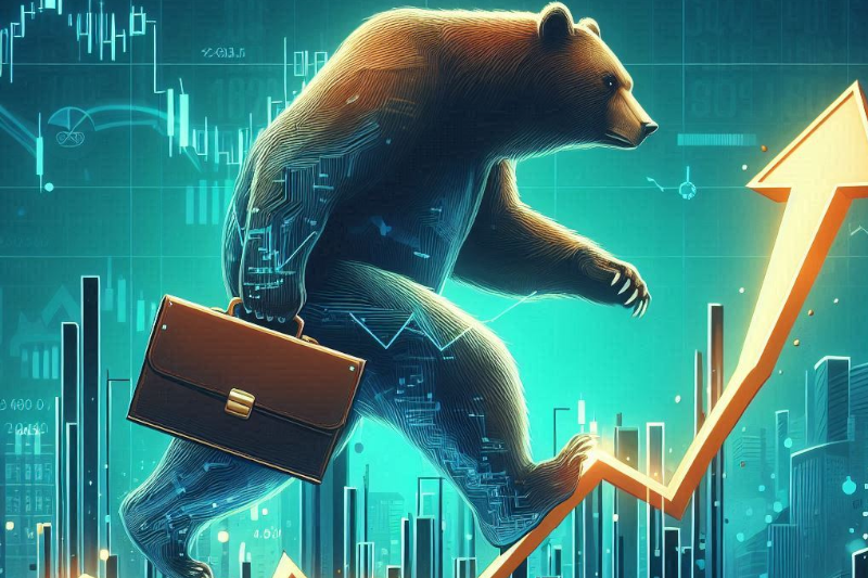 A bear with a suitcase walking on an uptrending stock chart.
