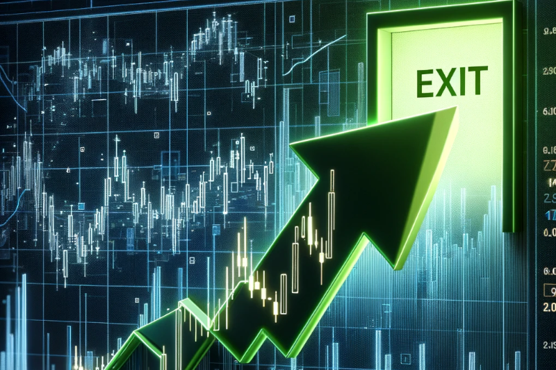 A giant bullish stock price arrow pointing upward into an "EXIT" door on a chart.
