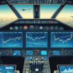 The inside of an airplane cockpit, but the screens are showing trading charts. Symbolic of trading stocks on autopilot.