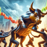 A bull coming down at the camera, while a group of men prop the bull up. Behind, a stock chart goes down, then starts coming back up.
