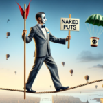 A man in a suit wearing a white mask balances on a tightrope as he holds a sign saying "Naked Puts" in one hand and a broomstick-like item in the other hand. Around him are parachutes with danger symbols.