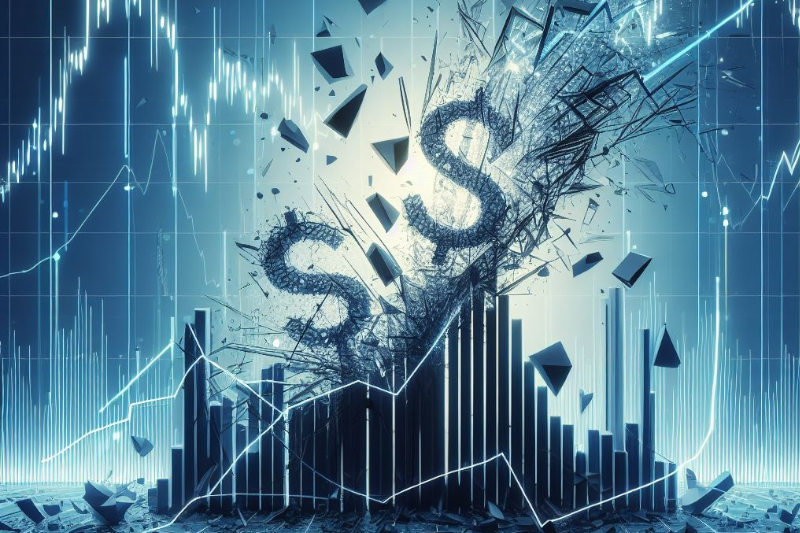 A stock chart with dollar signs crashing down and pieces of it breaking off. Symbolic of a trading mistake.