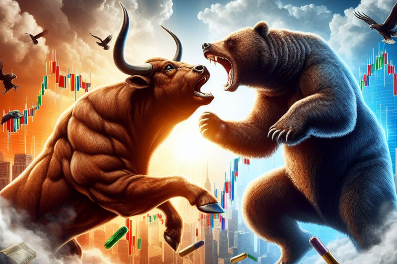 A bull and a bear fighting as stock charts loom in the background. Symbolic of a trend change.
