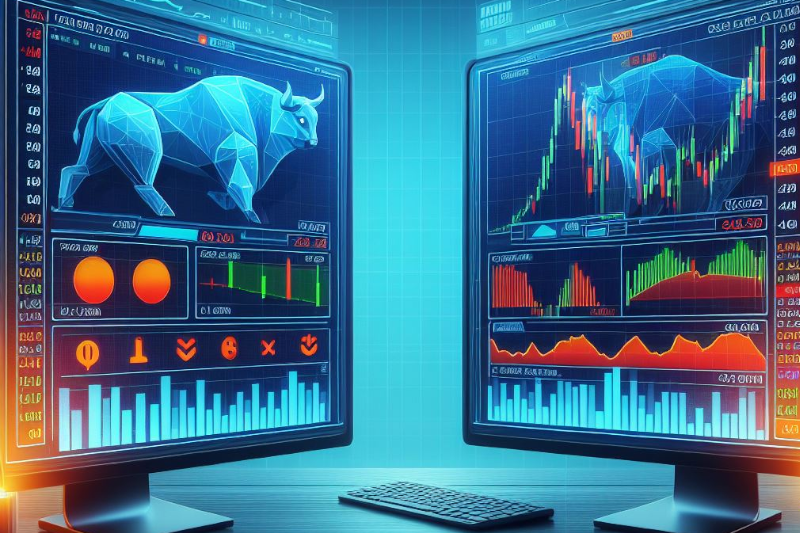 Trading terminals side by side. One has a bull among the charts.