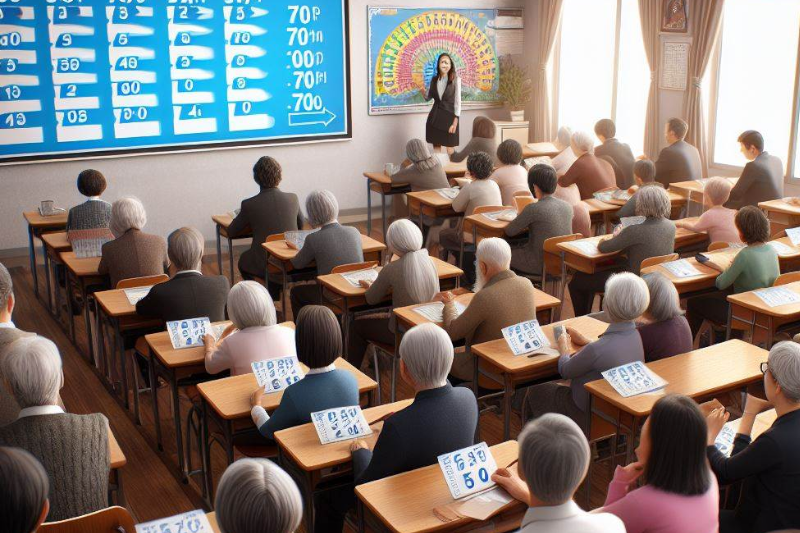 A classroom of older students taking a pop quiz, as seen from the back of the classroom.