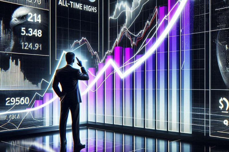 A giant, sleek stock chart with bold upward momentum arrows indicating growth on a wall, as the silhouette of a trader looks on.