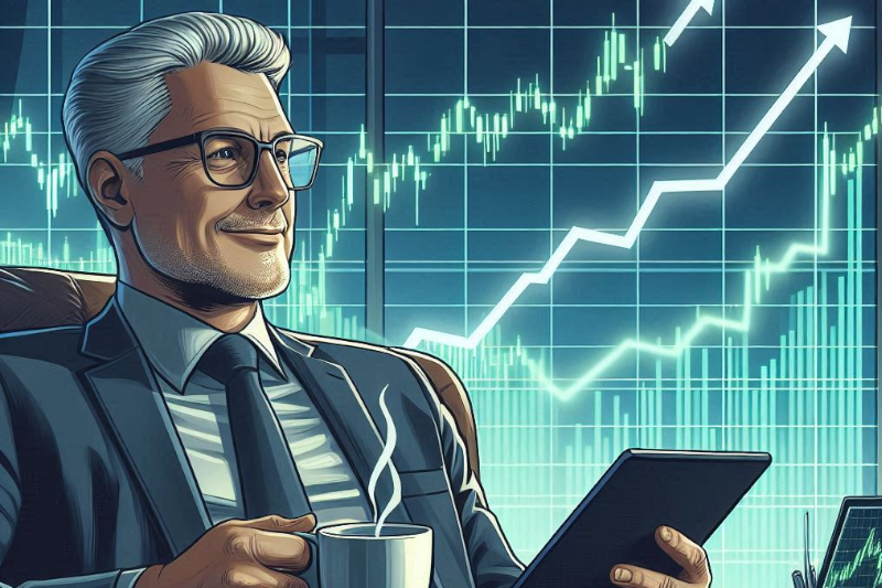 A confident older trader sitting in front of multiple stock charts, with multiple bullish trends visible. He's holding a tablet in one hand and a cup of steaming coffee in the other. Comic book art style.