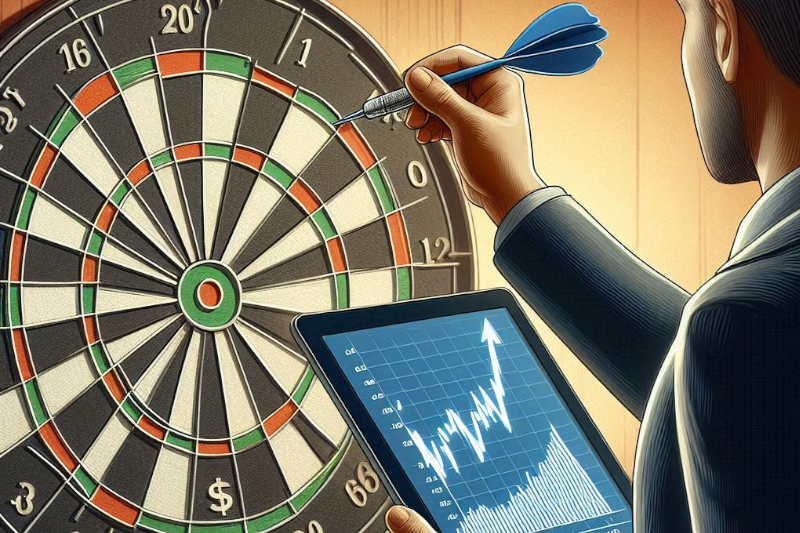 A trader standing in front of a dartboard but instead of throwing darts randomly, they are holding a tablet with stock charts showing a strong upward trend and placing the dart where he wants it.