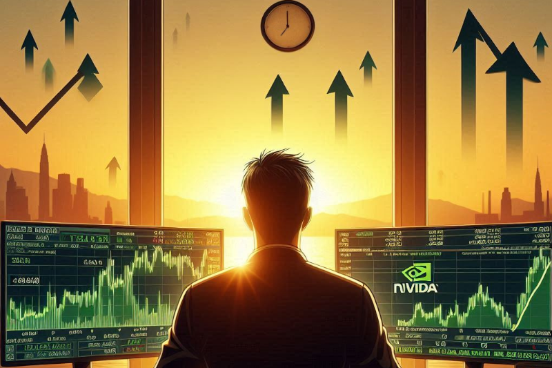 A trader at a computer during the early morning hours, looking at multiple stock charts with arrows pointing upward. A clock above him as the sun rises in the window in front of him.