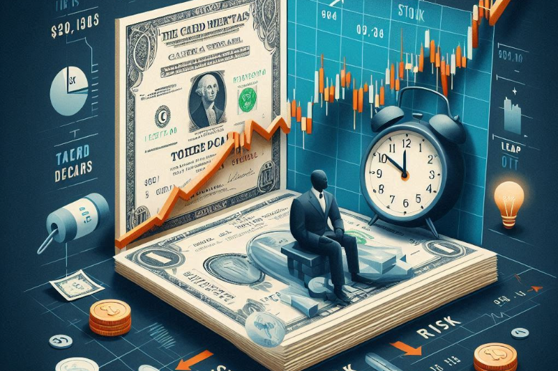 An abstract rendering, a man sits on a floor made of a giant dollar bill. One wall is an old style alarm clock, the wall behind him is a large dollar-looking thing. A bullish stock chart rises on teh wall behind him.