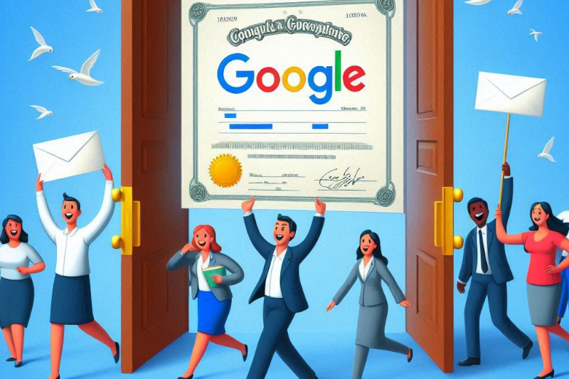 Illustration of a group of investors excitedly carrying a giant Google stock certificate overhead through a pair of open doors.