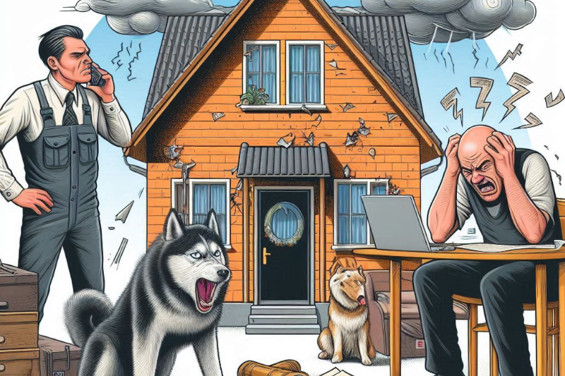 The hassles of being a landlord, depicted by an exasperated man dealing with tenants, a dog, and a house in disrepair.