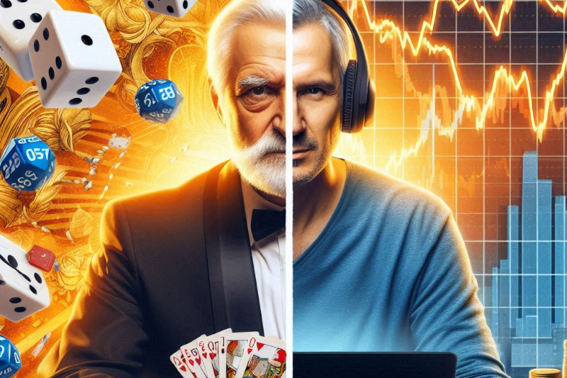 A split image showing two types of older traders: one side shows a flashy, high-risk gambler, rolling dice and playing cards with triple digit gains symbols. The other side shows a calm, methodical trader looking at stock charts, representing steady, consistent profits.