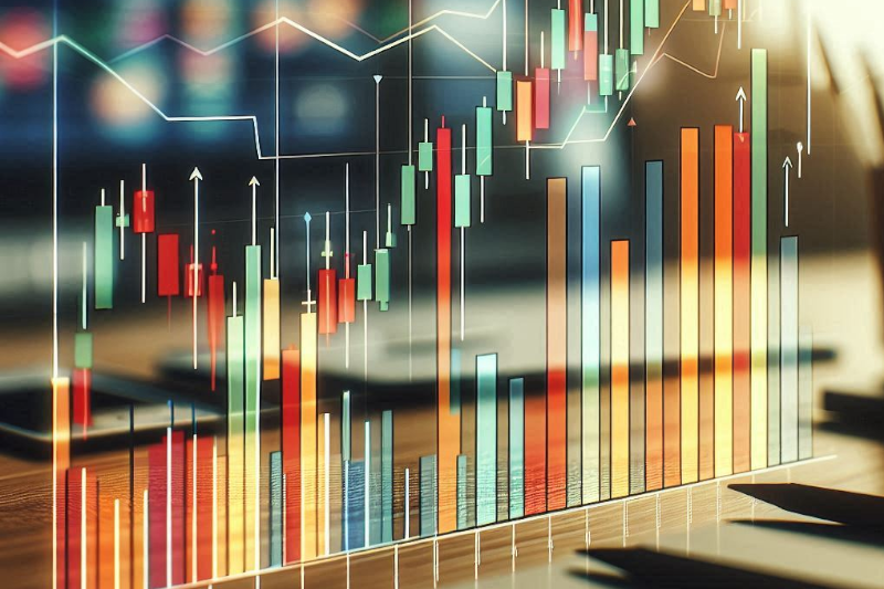 A minimalist stock chart displaying a stock in a strong upward trend, with color-coded daily bars and key indicators highlighted.