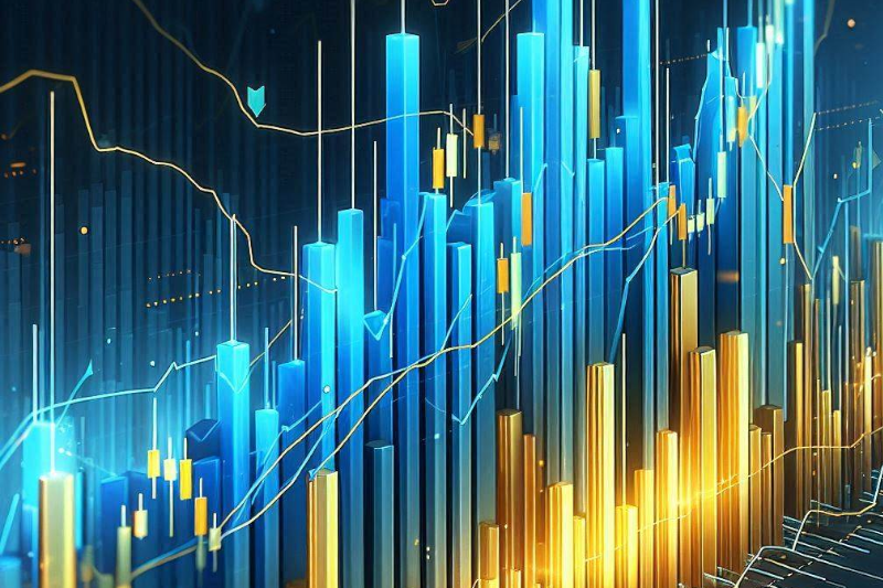 A stock chart with blue and yellow bars rising in a strong upward trend.