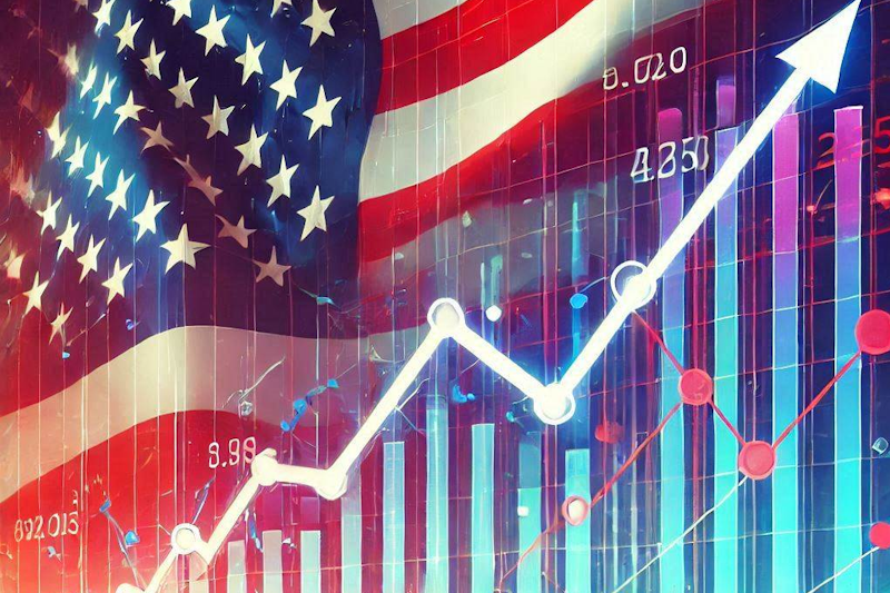 An illustration showing a stock market chart with upward-trending lines overlaying an American flag, representing the historical bullish trends in inauguration years and opportunities for traders in 2025.