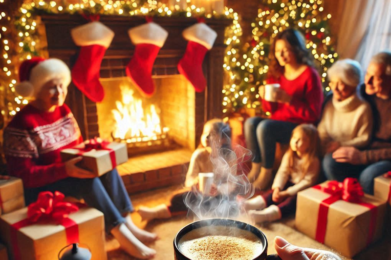 Photo of an extended family gathered around a Christmas tree exchanging gifts and making memories.