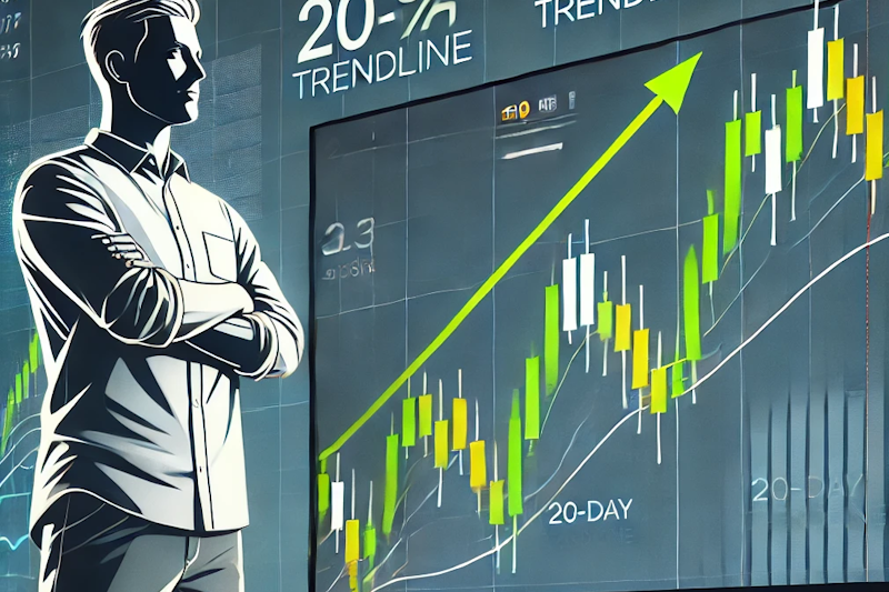 Illustration of a trader confidently standing with arms folded next to an upward trending stock chart.