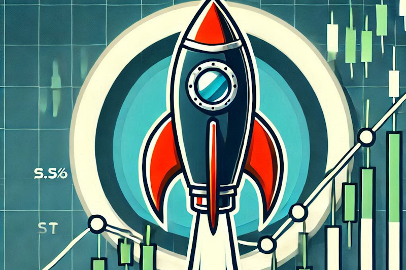 Illustration of a single rocket launching upward, with a financial chart in the background showing green candlesticks climbing steadily.