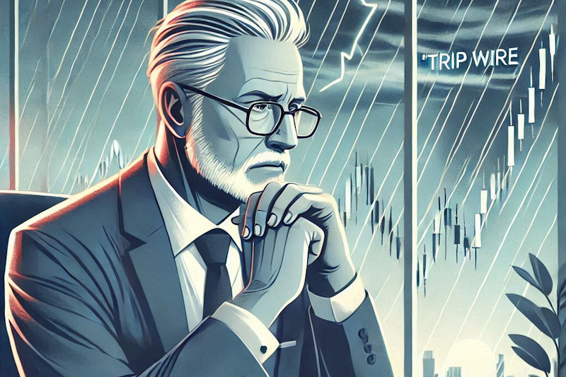 Illustration mostly in blue and white shades of a trader at a desk with a calm expression, analyzing a stock chart with a clear 'trip wire' marked.