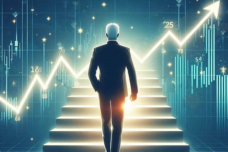 A clean and modern illustration of a trader person confidently walking up a staircase made of glowing stock market charts and data, symbolizing progress and financial success. He is walking towards a bullish trending stock chart.