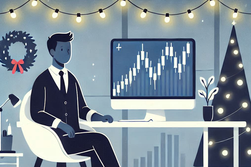 A confident trader sits at a desk with a stock chart on their computer screen, surrounded by festive holiday decorations, symbolizing the gift of learning income-generating trading strategies.