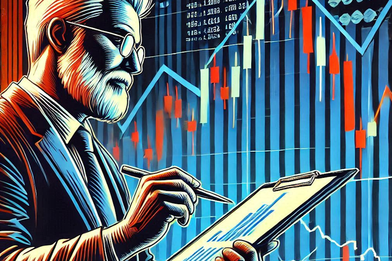 A bold and colorful illustration of a stock market graph showing a peak, followed by a steep downward trend. In the foreground, an older trader confidently reviews a trading plan on a clipboard.