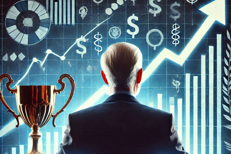 An older trader, as seen from behind in shadows, confidently analyzing a monitor, surrounded by symbols of success like a trophy and rising arrows.