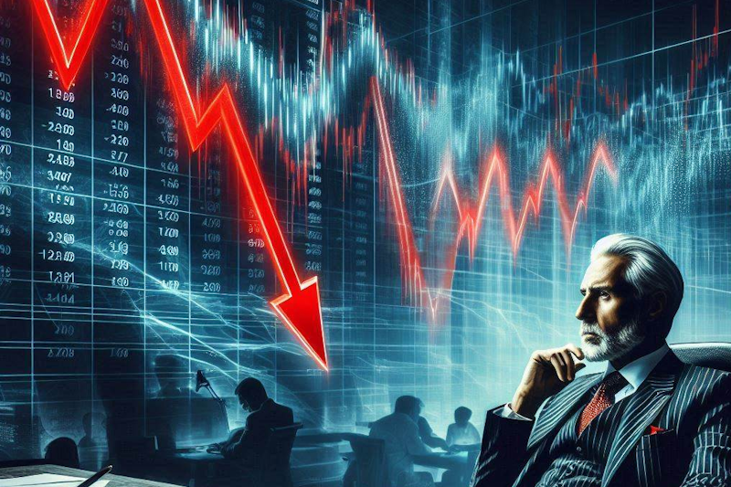 An illustration of a stock market trading screen displaying a sharp drop in a stock, with red downward arrows symbolizing a market crash. A calm older trader sits confidently at his desk.