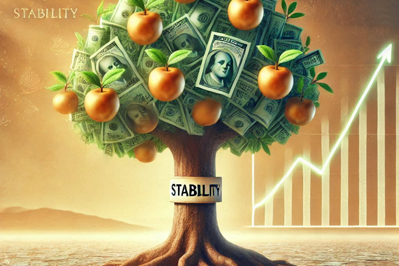 Illustration of a money tree with big, thick roots, producing golden apples symbolizing dividends. The tree is set against a background that incorporates a bullish stock chart.