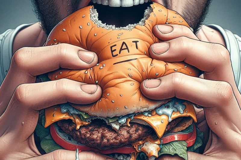 Extreme close-up of hands holding a burger with a large bite fully taken out.