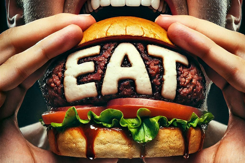 Extreme closeup of hands holding a burger, with EAT written on the front of the patty in mayo, and a mouth opening to take a bite of the burger.