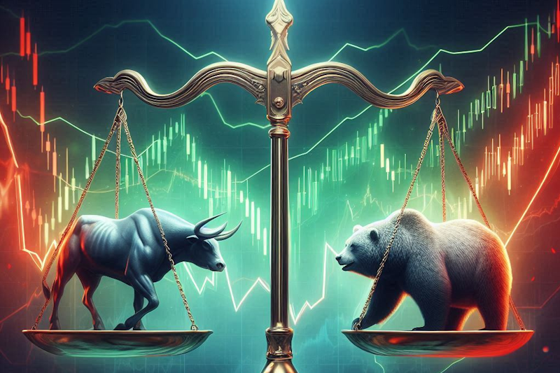 A scale teetering in near-perfect balance, with a bull on one side and a bear on the other. The background has a chaotic stock chart showing red and green candles. Dramatic lighting comes from above.