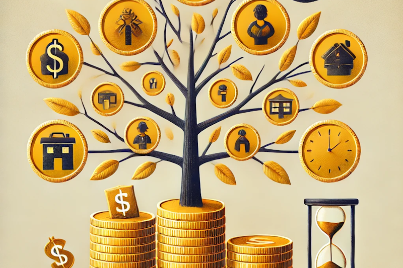 A small tree sitting on a pile of golden coins with icons representing various things where the leaves should be, like colelge graduation, a house, financial security, etc