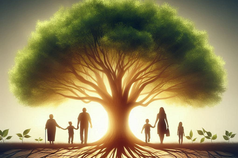 Visually striking image of a large, healthy tree with deep roots and tall branches. On either side of the tree, we see silhouettes of a family spanning multiple generations.