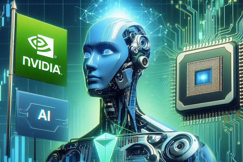 A computer chip and an NVDA logo on either side of a robotic humanoid.