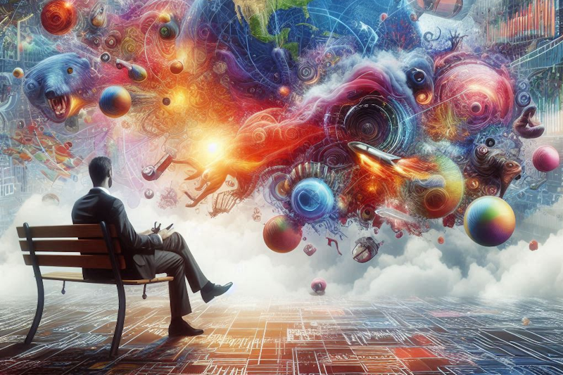 A calm trader watching the chaos unfold before him. Colorful globes and storms in the sky in front of him.